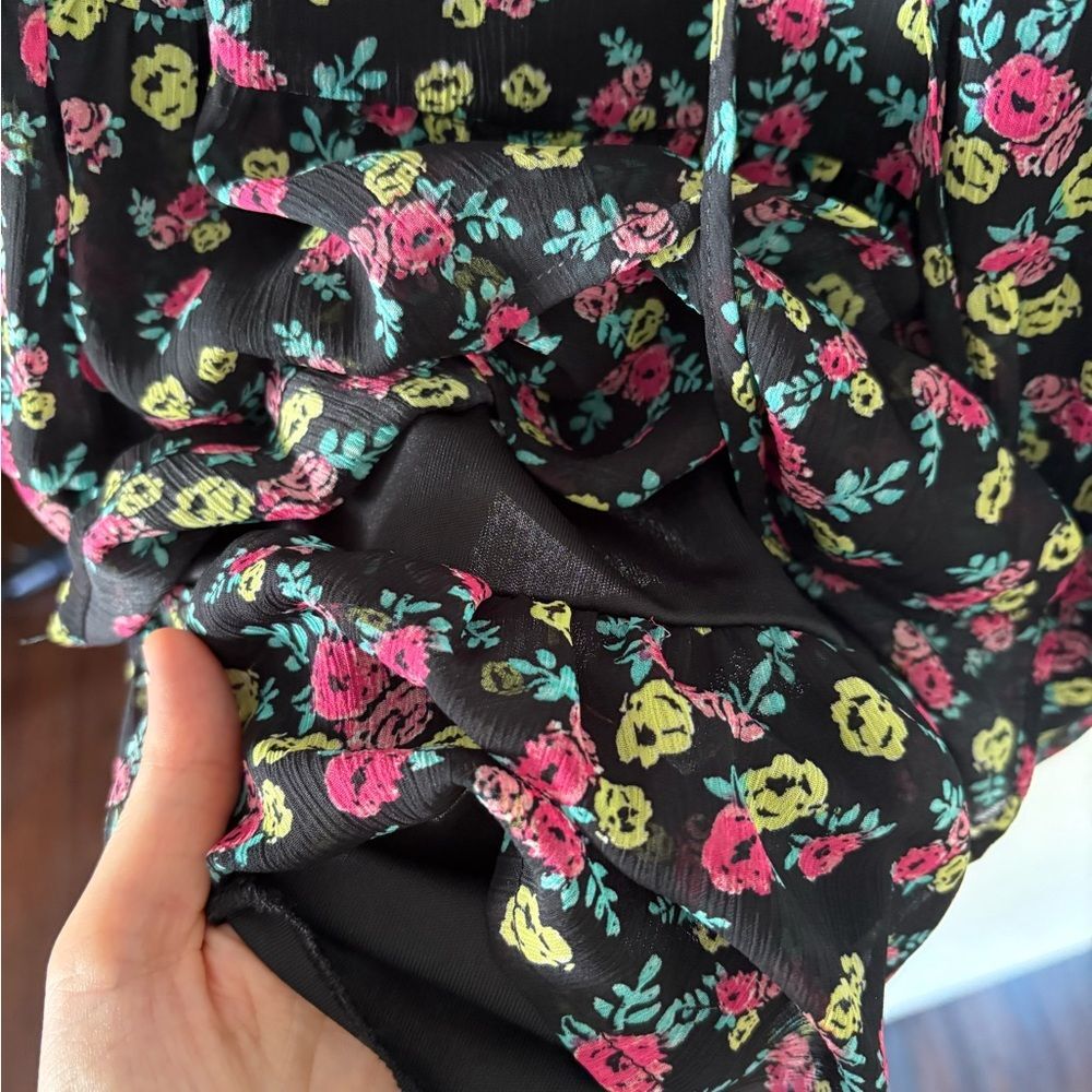 Floral Chiffon Black Mini Dress XS 90s Vtg Tier Ditsy Ruffle Festival Y2K Bebop - Picture 4 of 9